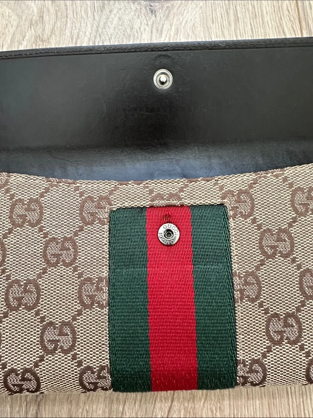 Gucci Brown Monogram Continental Wallet with Green and Red Web Stripe